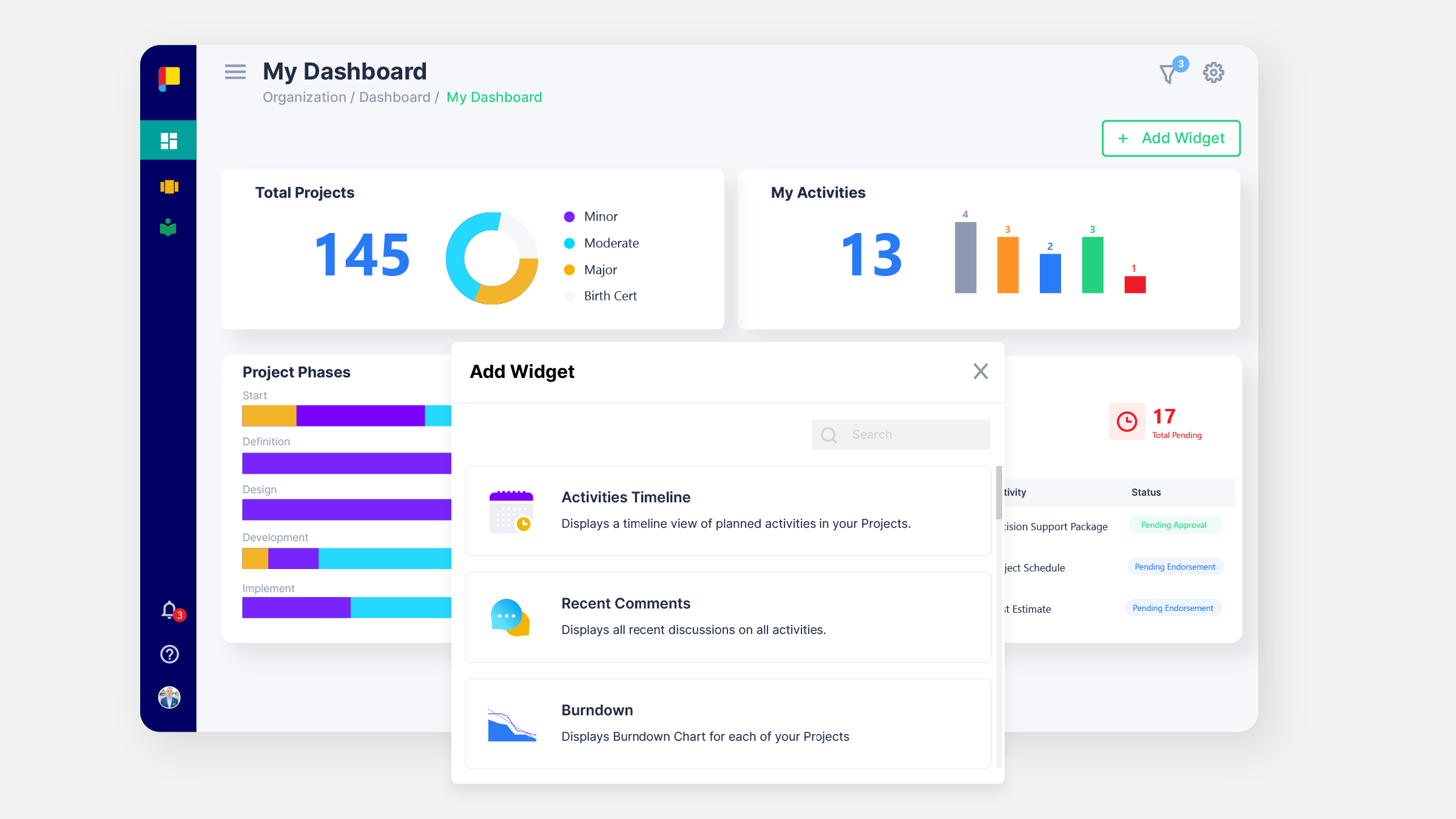 Planally Dashboard Management Page (Add Widget)