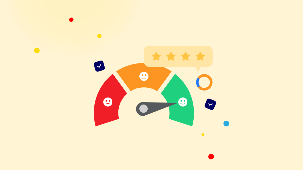 Illustrations showing a review metre showing from gooad to bad review.