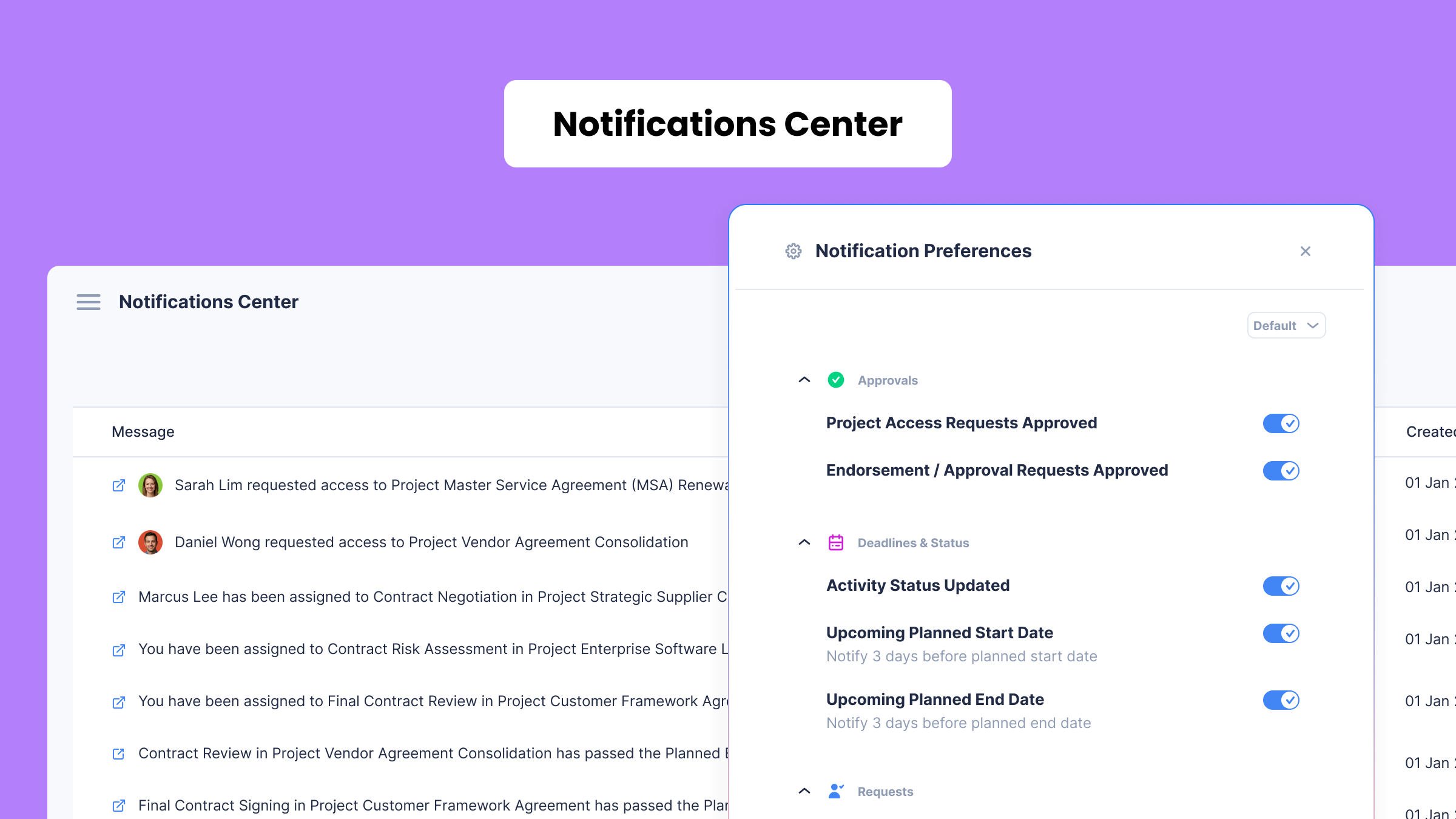 Notifications Center in Planally displaying approvals, assignments, workflow updates, project alerts, reminders, and team activities.