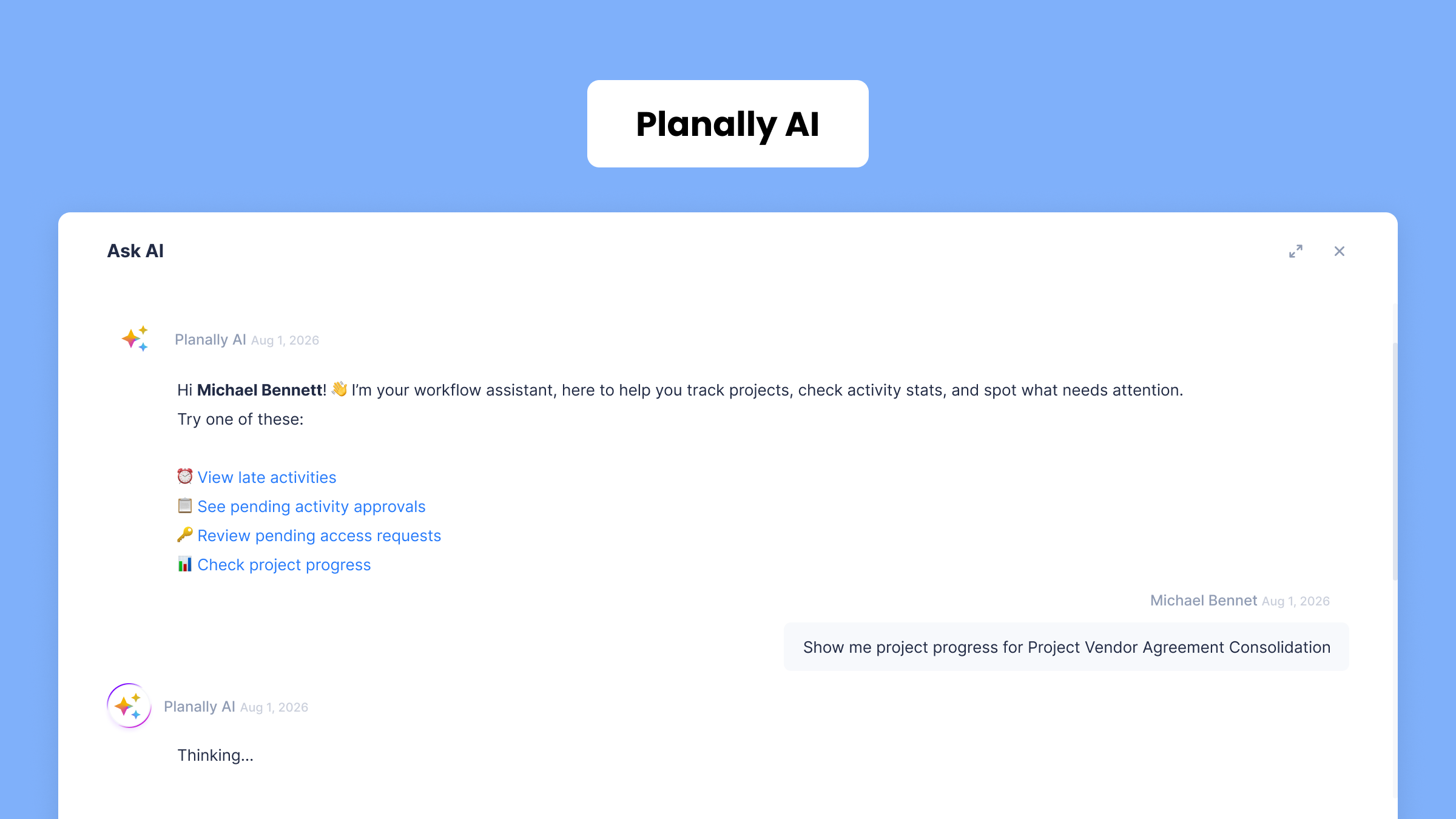 Planally AI assistant helping teams automate workflow management, task recommendations, project insights, and enterprise execution decisions.