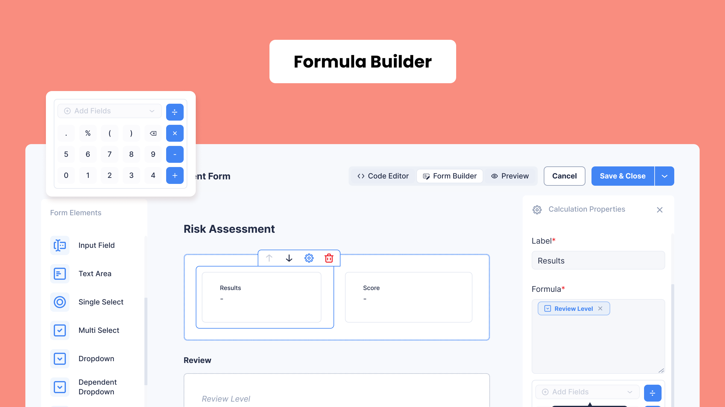 Planally Formula Builder tool displaying active calculation properties, mathematical operators, and fields for automated risk scoring.