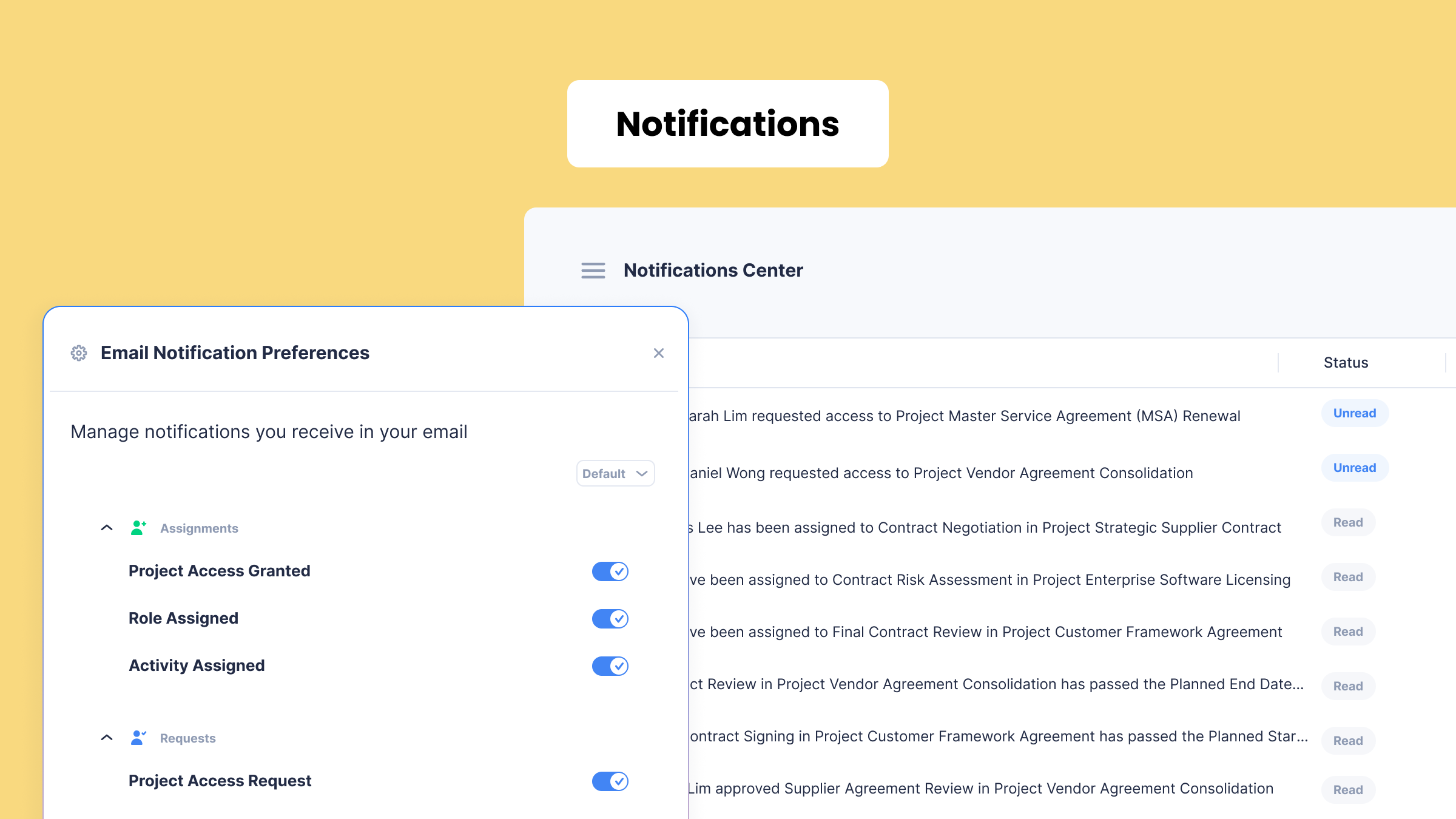 Planally Notification Center showing email notification preferences for project access granted, role assignments, and requests.