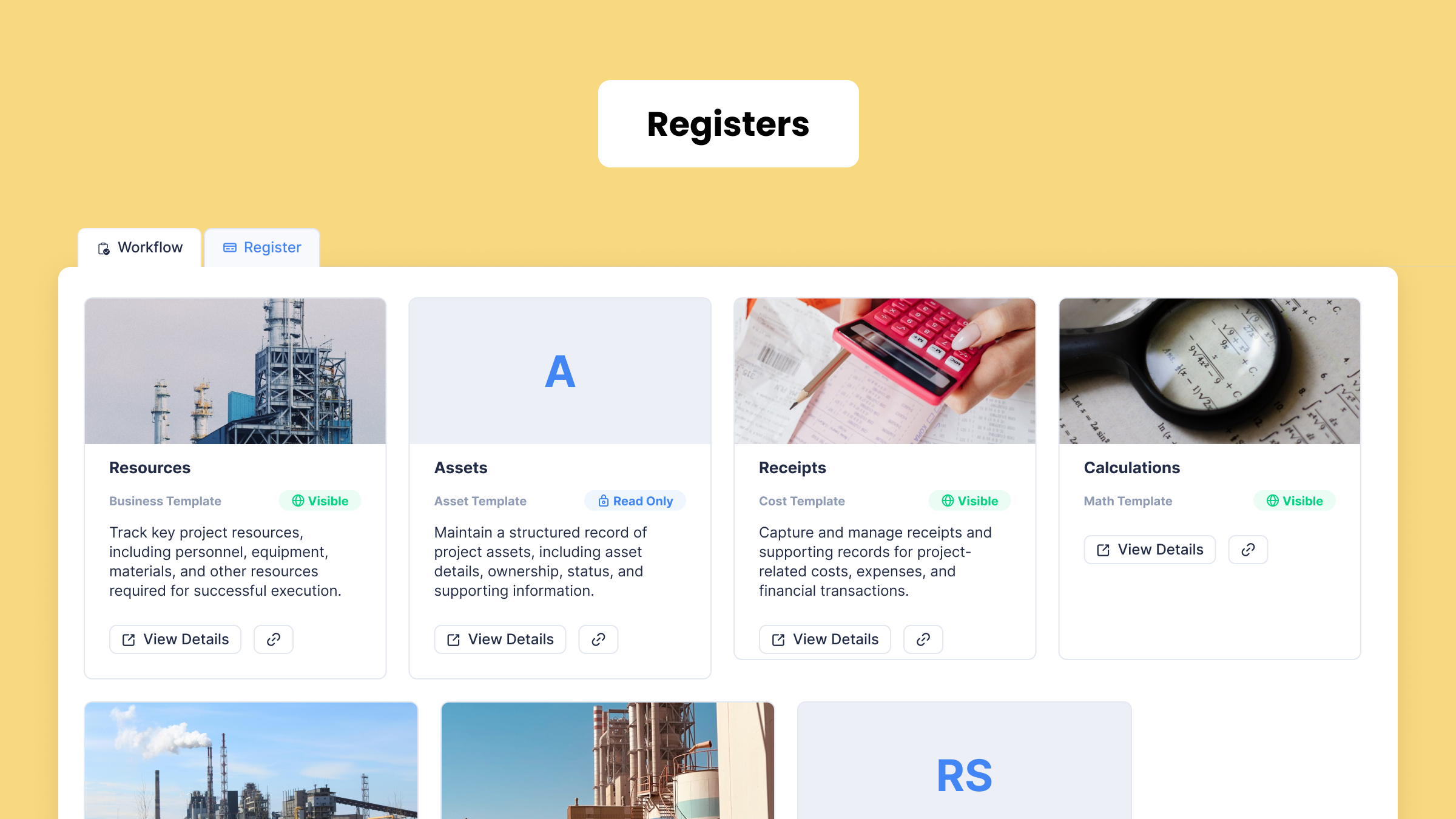 Planally Registers gallery showing cards for Resources, Assets, Receipts, and Calculations templates.