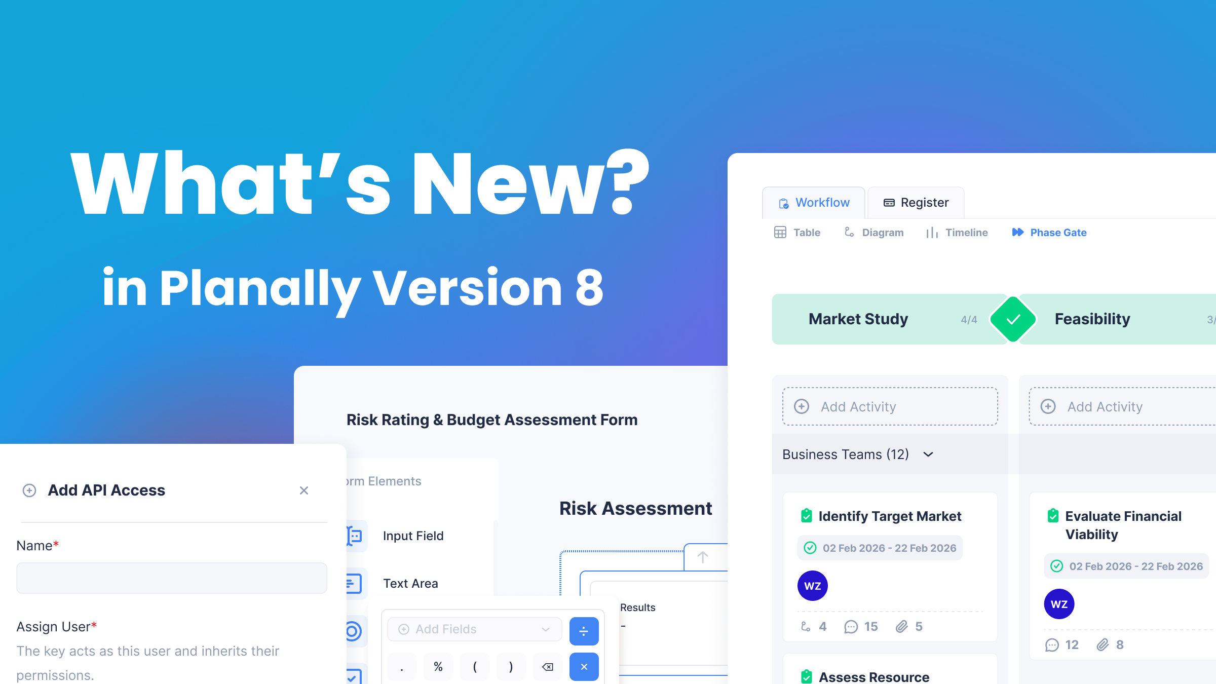 Overview banner showing key feature updates in Planally Version 8, including Developer API, Formula Builder, and refreshed workflow UI.